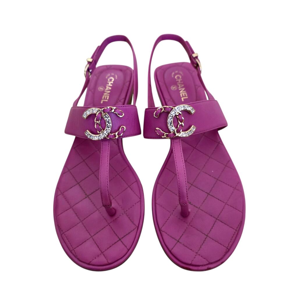 Chanel Thong Pink Quilted Leather CC Logo Sandals Chain Flat Crystal 36 5.5 - Picture 12 of 12